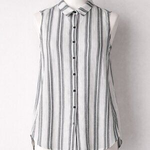 Chico’s Linen Sleeveless Button Up Shirt Black White Stripe Tunic 2.5 XL